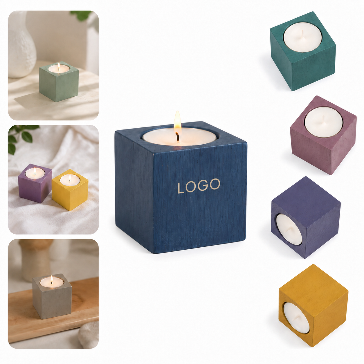 Natural Wood Square Tealight Candle Holder