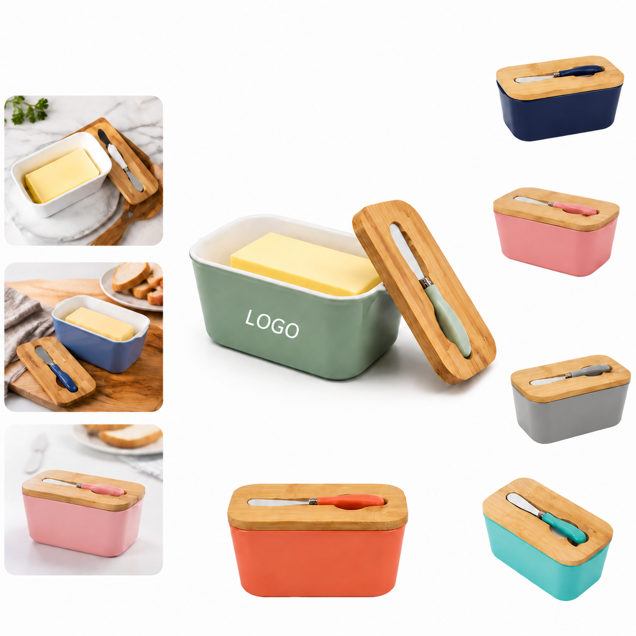 Ceramic Butter Keeper with Wooden Lid and Knife